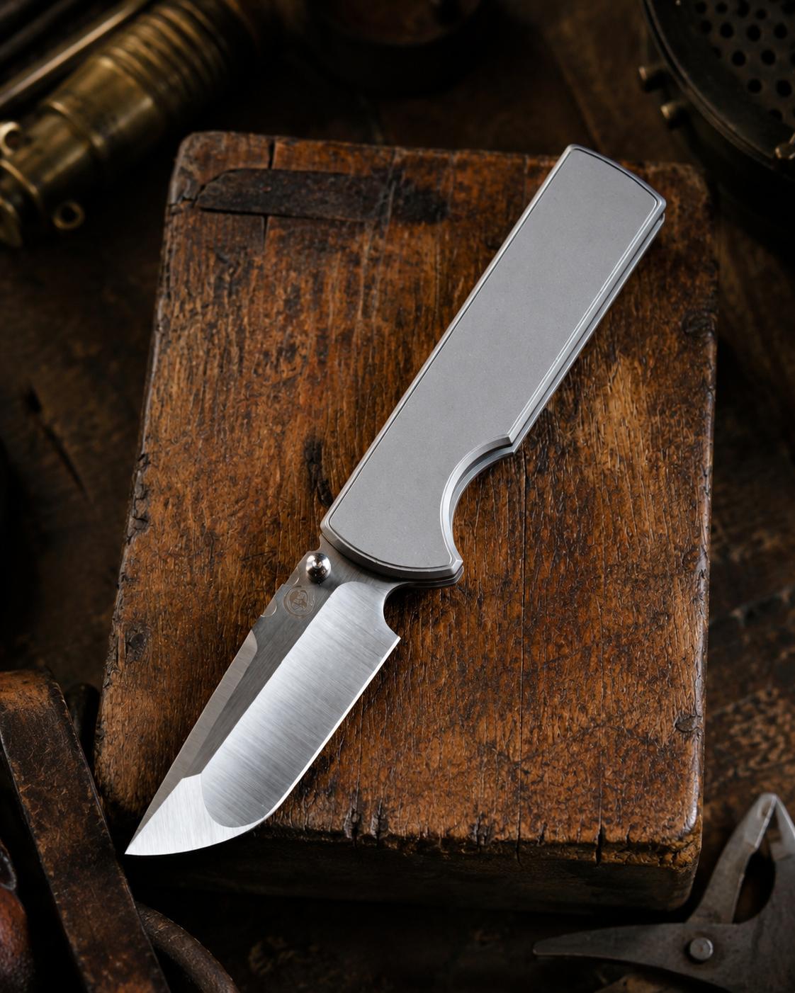 Chaves Knives-Chaves Knives T.A.K. Integral Frame Lock - Stonewash Titanium Handles - Belt Satin M390 Drop Point Blade-2-Urban Cutlery