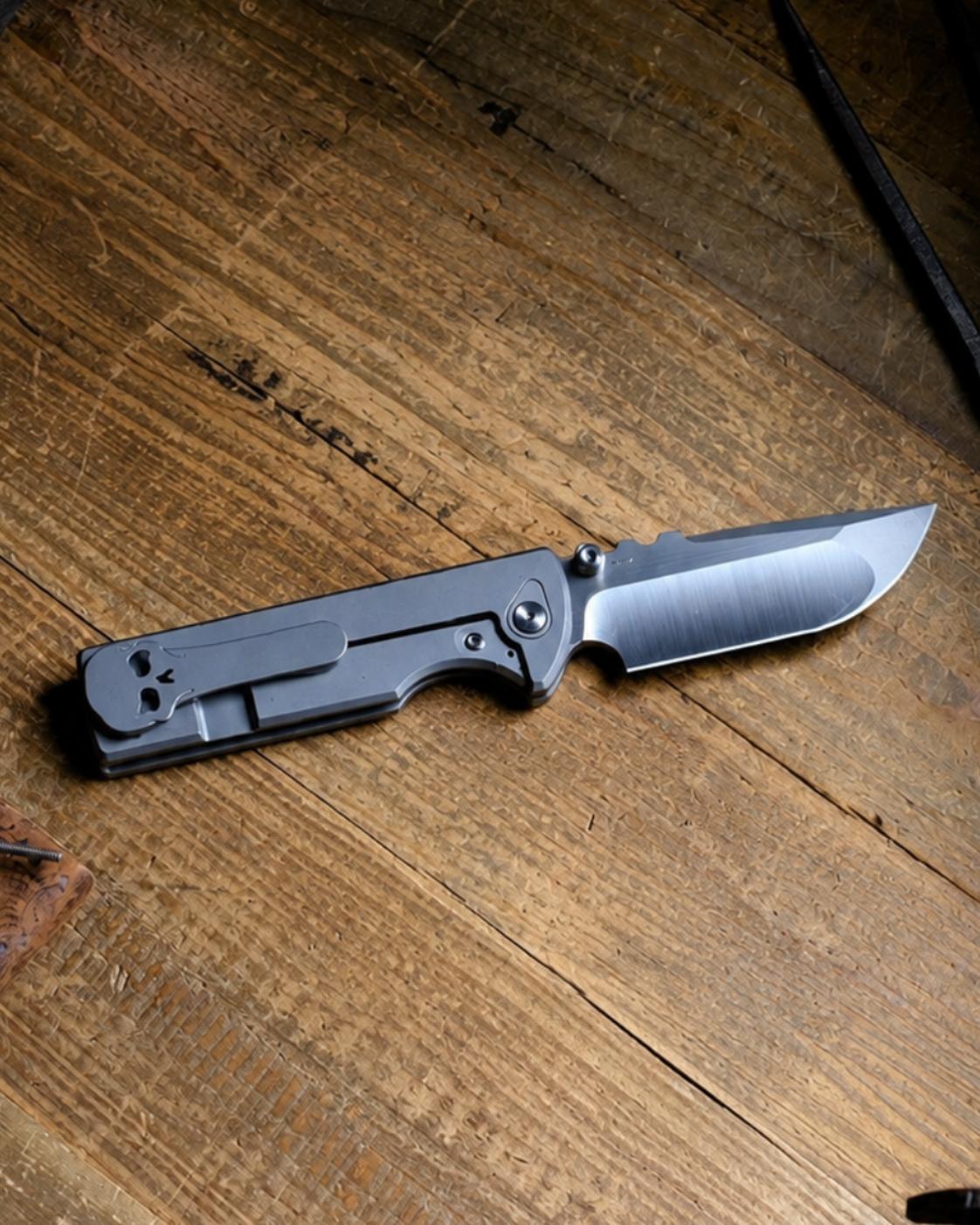 Chaves Knives-Chaves Knives T.A.K. Integral Frame Lock - Stonewash Titanium Handles - Belt Satin M390 Drop Point Blade-4-Urban Cutlery