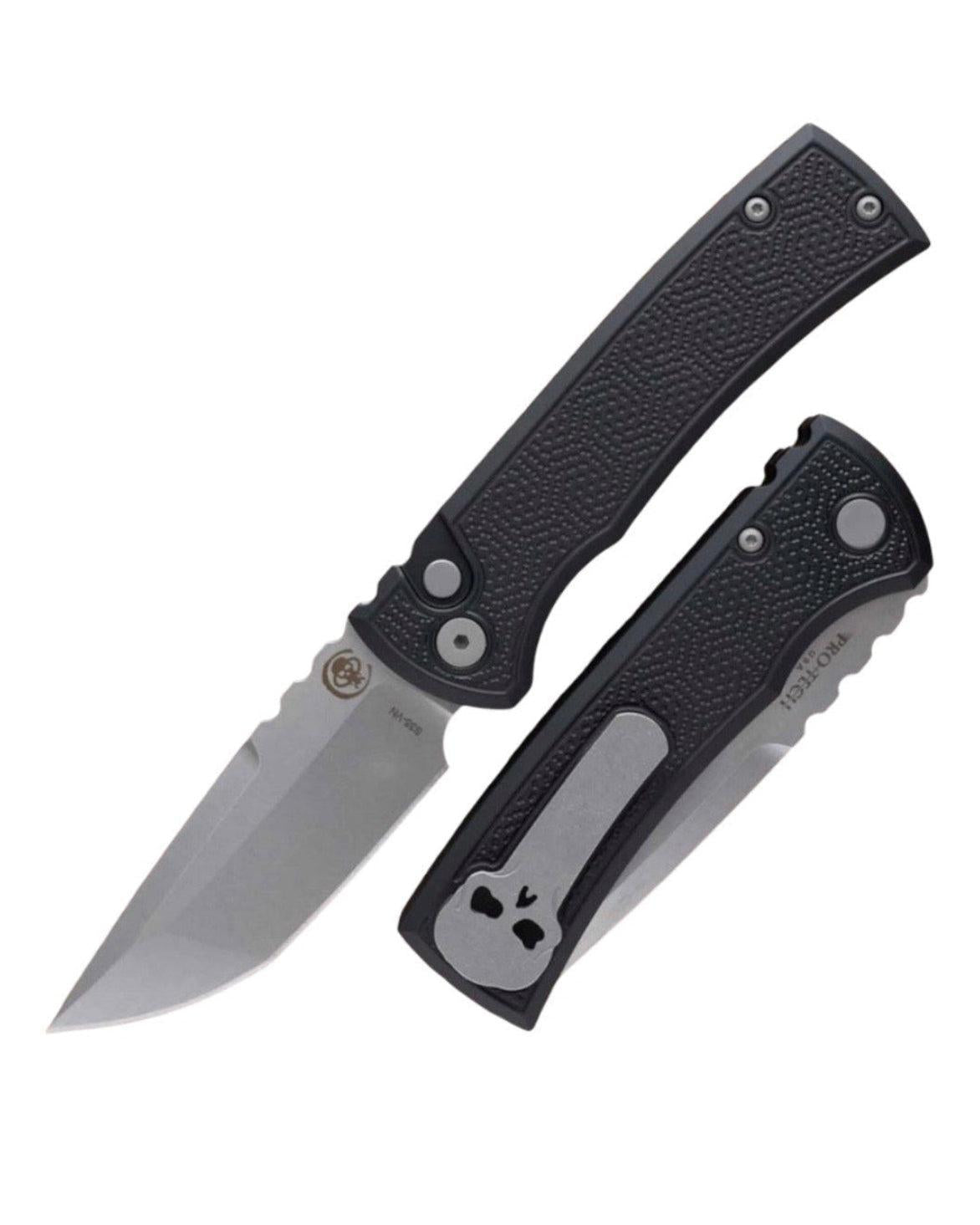 Chaves Knives-Chaves x Pro-Tech 229 Redencion Auto - Black Double Spiral Stipple Milled Handles - Stonewash Tanto S35vn Blade-1-Urban Cutlery