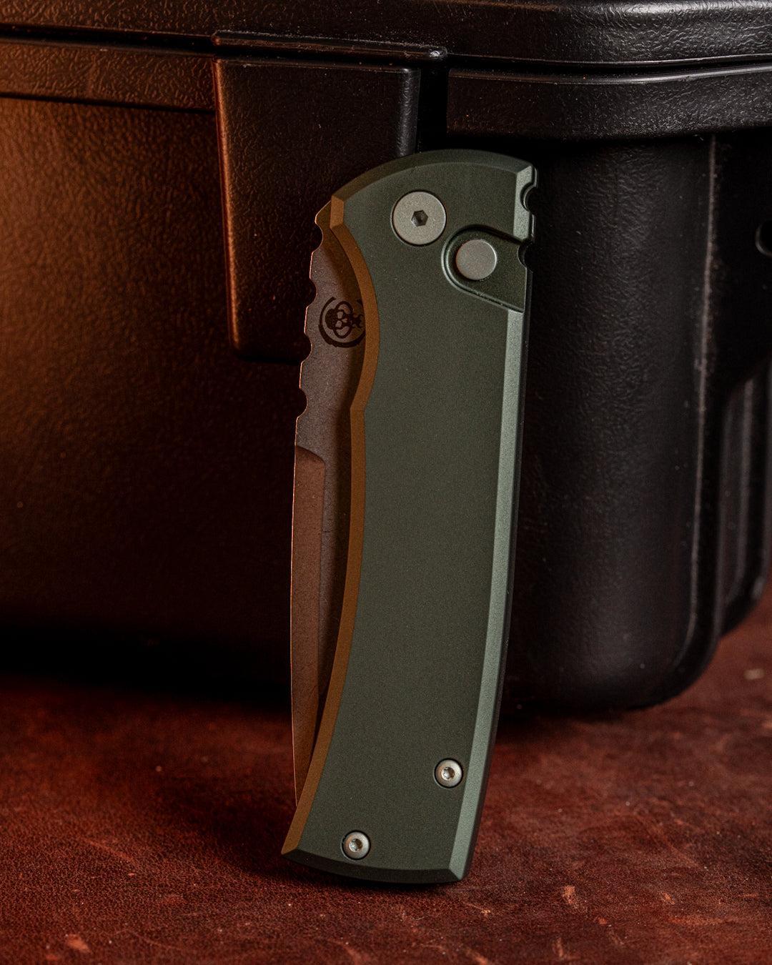 Chaves Knives-Chaves x Pro-Tech 229 Redencion Auto - Green Handles - Stonewash Drop Point S35vn Blade-4-Urban Cutlery