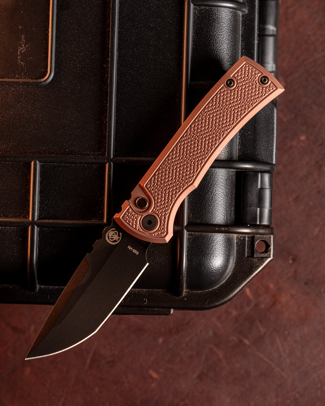 Chaves Knives-Chaves x ProTech 229 Redencion Auto - FDE Double Spiral Stipple Milled Handles - DLC S35vn Blade - Pearl Button-1-Urban Cutlery