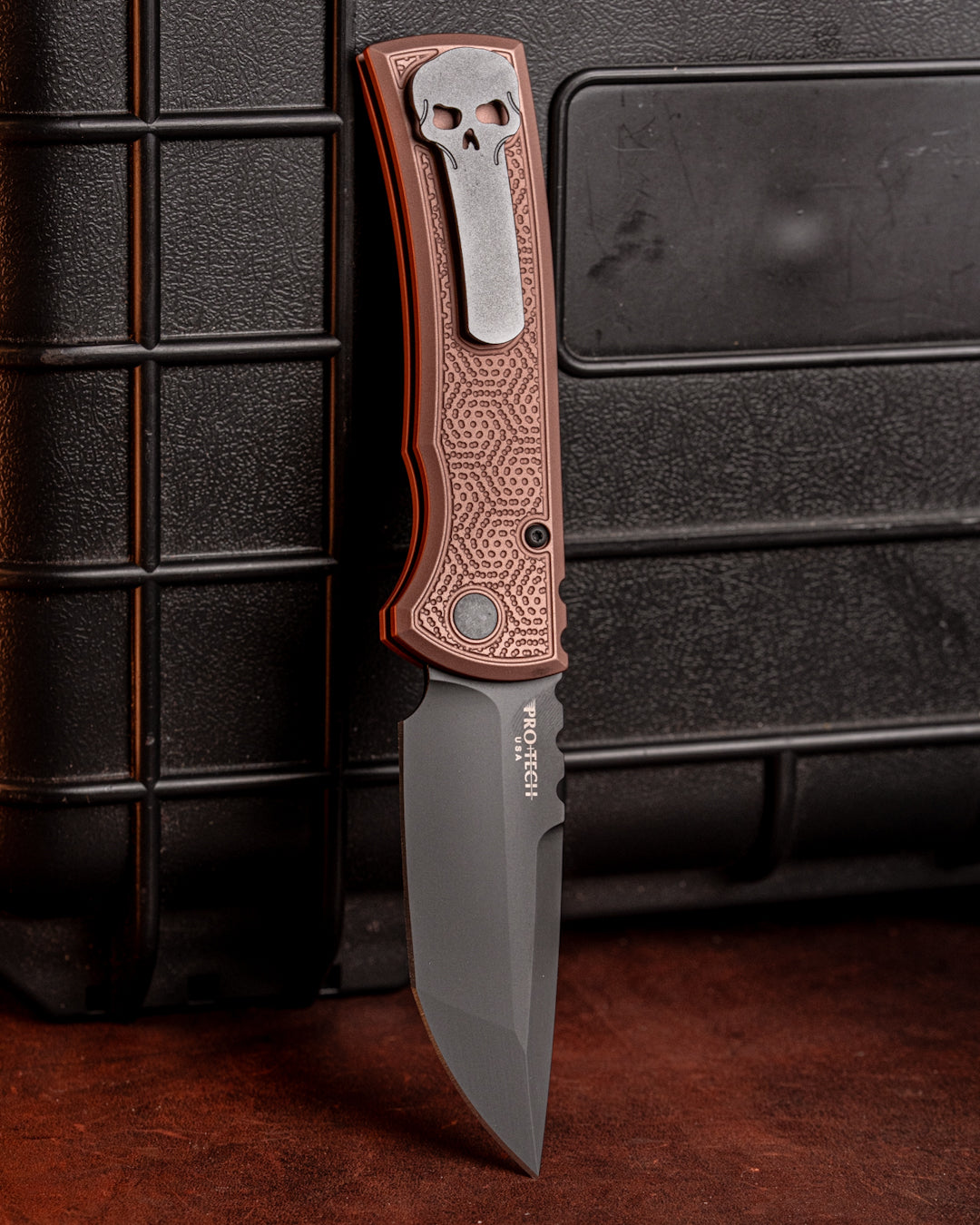 Chaves Knives-Chaves x ProTech 229 Redencion Auto - FDE Double Spiral Stipple Milled Handles - DLC S35vn Blade - Pearl Button-2-Urban Cutlery