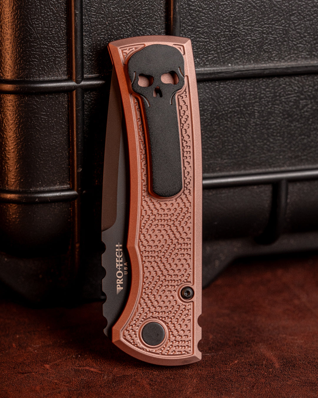Chaves Knives-Chaves x ProTech 229 Redencion Auto - FDE Double Spiral Stipple Milled Handles - DLC S35vn Blade - Pearl Button-4-Urban Cutlery