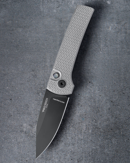 Chaves Knives-Pro-Tech Custom Scapegoat (2026 Scapegoat Compact Custom 002) Blade Show Texas 2026 Exclusive Scapegoat Auto - Blasted & Stonewashed 17-4 CARBIDE Textured Handles - DLC Black MAGNAMAX Blade - Black Lip Pearl Button-1-Urban Cutlery