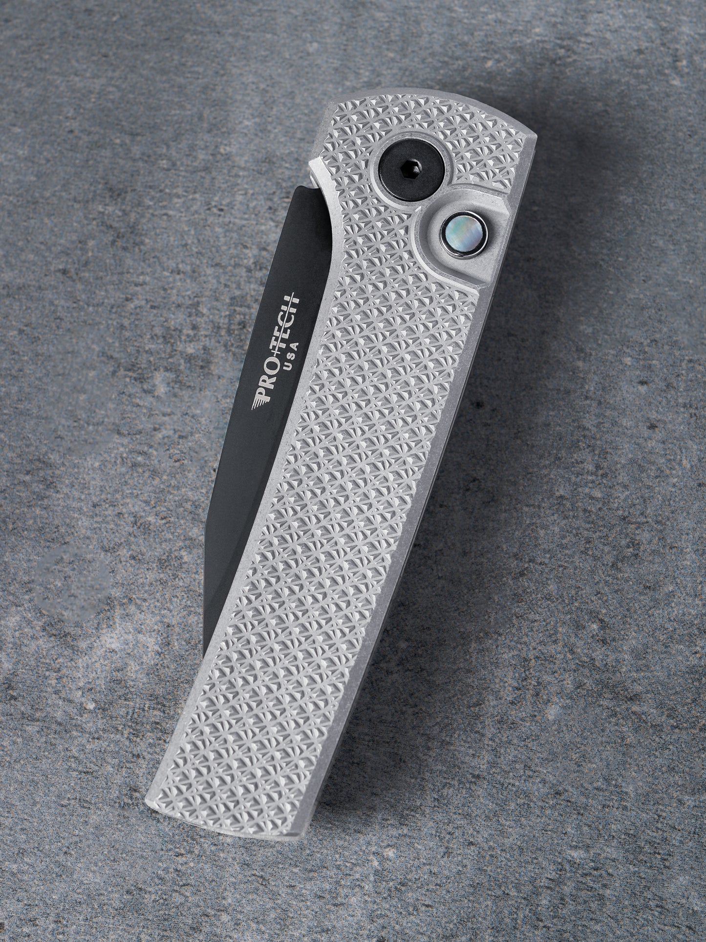Chaves Knives-Pro-Tech Custom Scapegoat (2026 Scapegoat Compact Custom 002) Blade Show Texas 2026 Exclusive Scapegoat Auto - Blasted & Stonewashed 17-4 CARBIDE Textured Handles - DLC Black MAGNAMAX Blade - Black Lip Pearl Button-3-Urban Cutlery