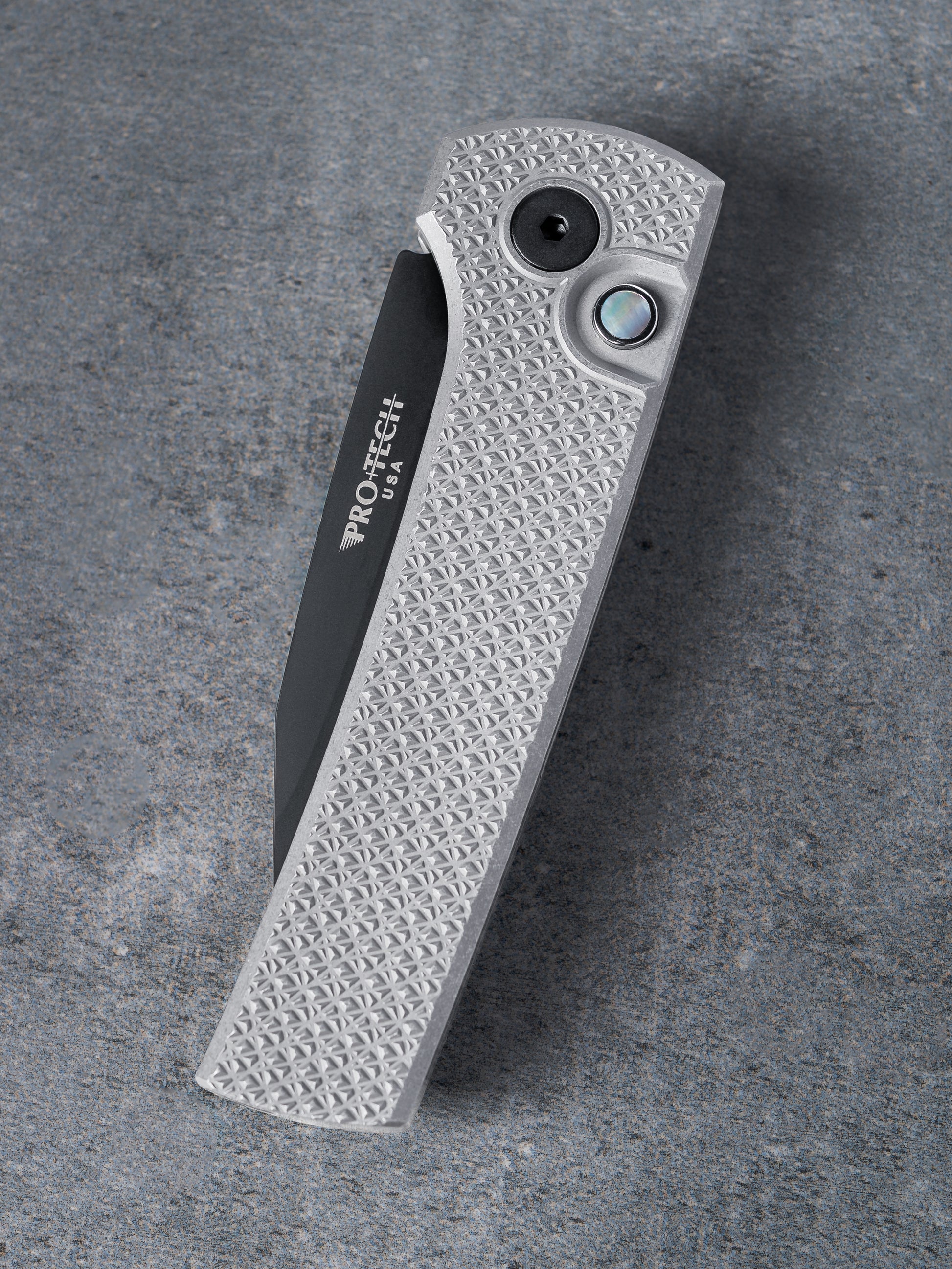 Chaves Knives-Pro-Tech Custom Scapegoat (2026 Scapegoat Compact Custom 002) Blade Show Texas 2026 Exclusive Scapegoat Auto - Blasted & Stonewashed 17-4 CARBIDE Textured Handles - DLC Black MAGNAMAX Blade - Black Lip Pearl Button-3-Urban Cutlery
