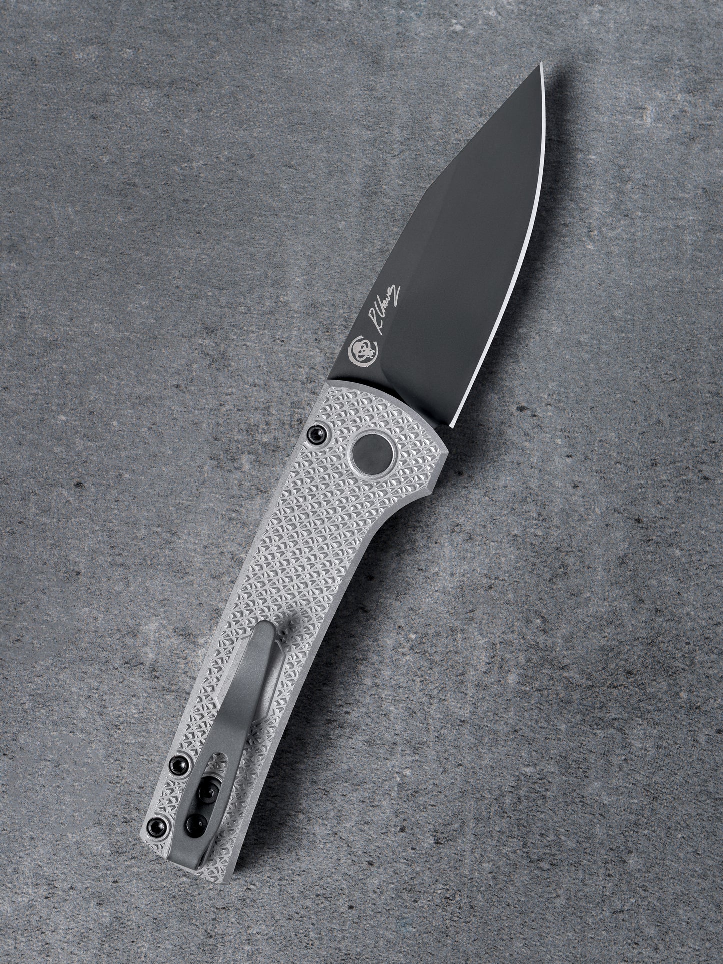 Chaves Knives-Pro-Tech Custom Scapegoat (2026 Scapegoat Compact Custom 002) Blade Show Texas 2026 Exclusive Scapegoat Auto - Blasted & Stonewashed 17-4 CARBIDE Textured Handles - DLC Black MAGNAMAX Blade - Black Lip Pearl Button-2-Urban Cutlery