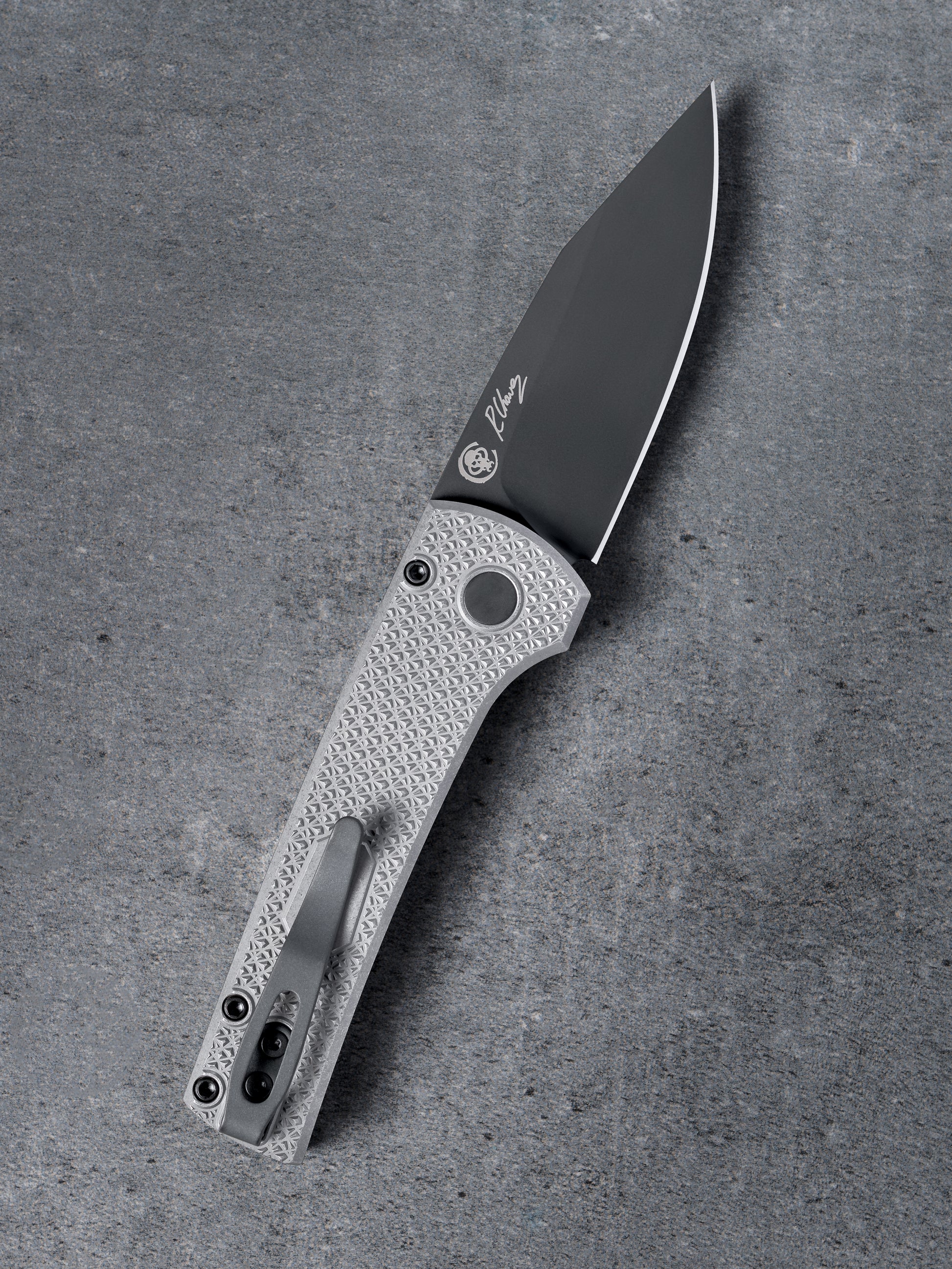 Chaves Knives-Pro-Tech Custom Scapegoat (2026 Scapegoat Compact Custom 002) Blade Show Texas 2026 Exclusive Scapegoat Auto - Blasted & Stonewashed 17-4 CARBIDE Textured Handles - DLC Black MAGNAMAX Blade - Black Lip Pearl Button-2-Urban Cutlery