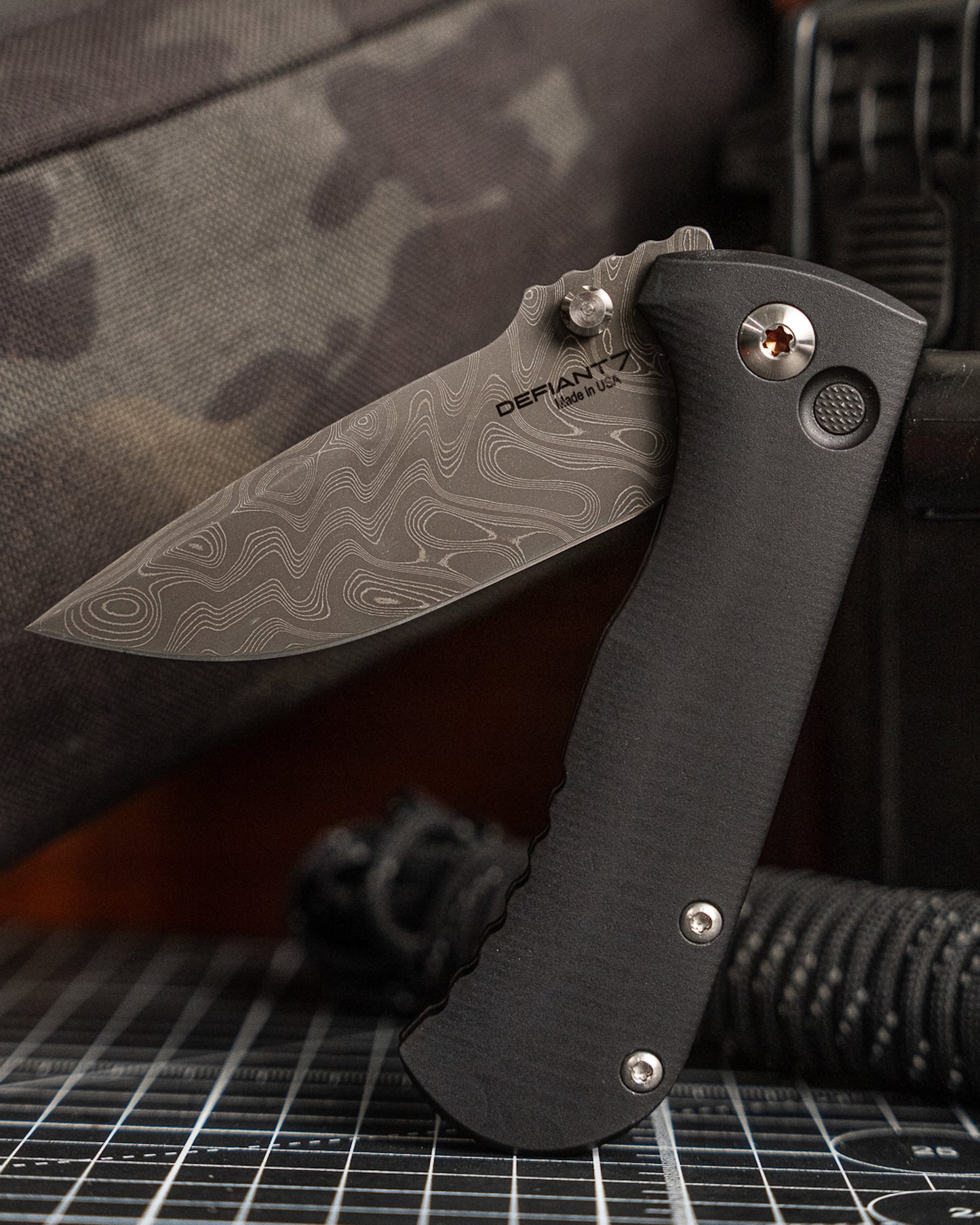 Defiant7-Defiant7 Talos Button Lock - Black 6061 Aluminum Handle - Nichols Black Boomerang Damascus Blade-3-Urban Cutlery