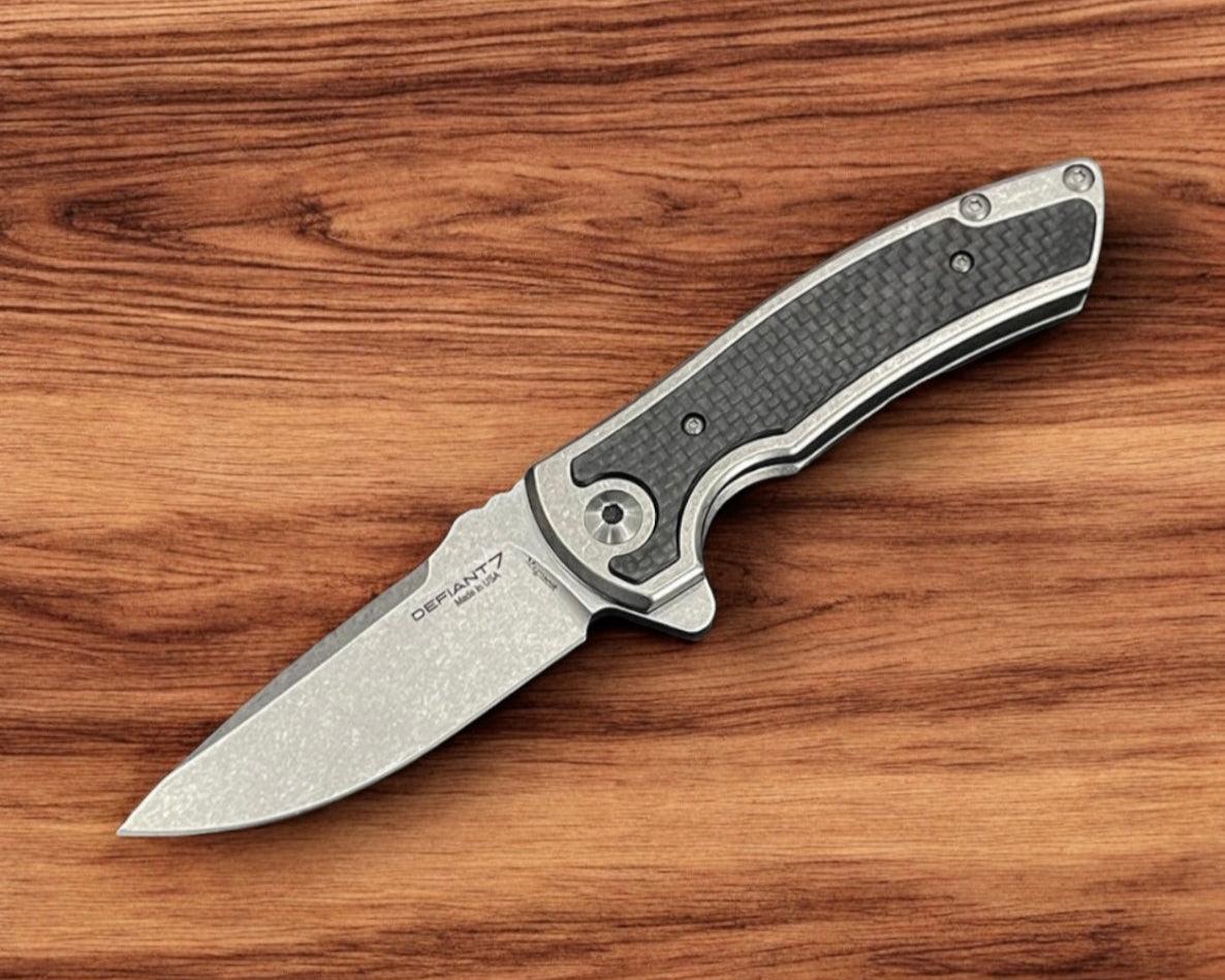 Defiant7-Les George Defiant 7 Hydrax Flipper - Titanium Handles w/ Carbon Fiber Inlay - MagnaCut Stonewashed Blade-1-Urban Cutlery