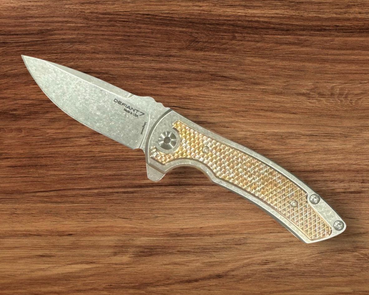 Defiant7-Les George Defiant 7 Hydrax Flipper - Titanium Handles w/ Mokume Inlay - MagnaCut Stonewashed Blade-1-Urban Cutlery