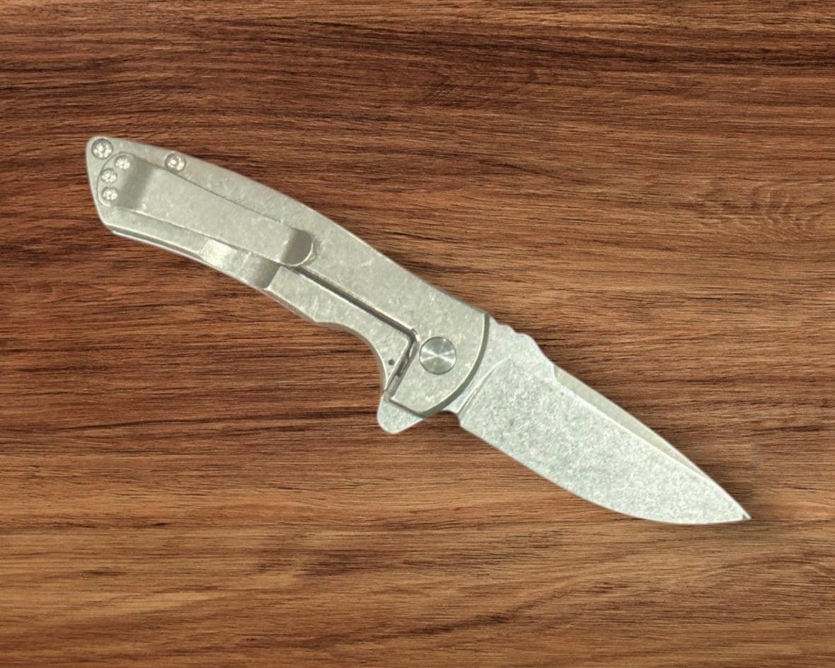 Defiant7-Les George Defiant 7 Hydrax Flipper - Titanium Handles w/ Mokume Inlay - MagnaCut Stonewashed Blade-2-Urban Cutlery