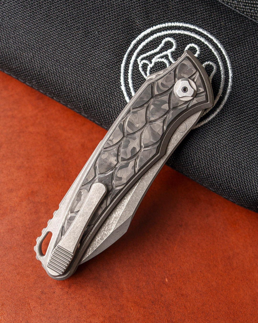 Hawk Knives Talon AUTO - Dragon Scale Textured Black Ops Marble Carbon Fiber Handle Inlay - Darkwashed M390 Blade