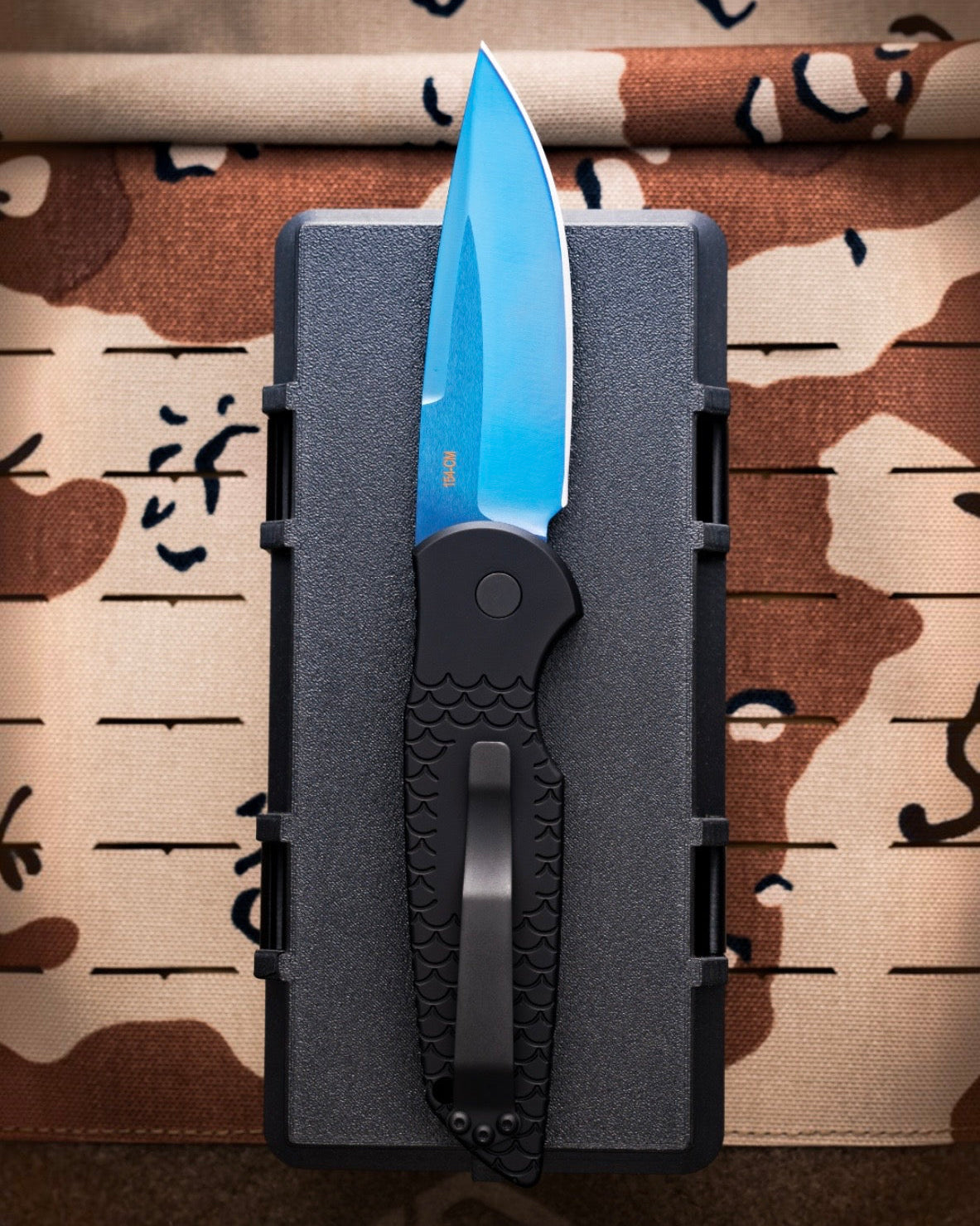 Pro-Tech TR-3.X1.SB TR-3 AUTO - Black "Fish Scale" Handle - Sapphire Blue 154cm Blade - Abalone Button - All Black Hardware