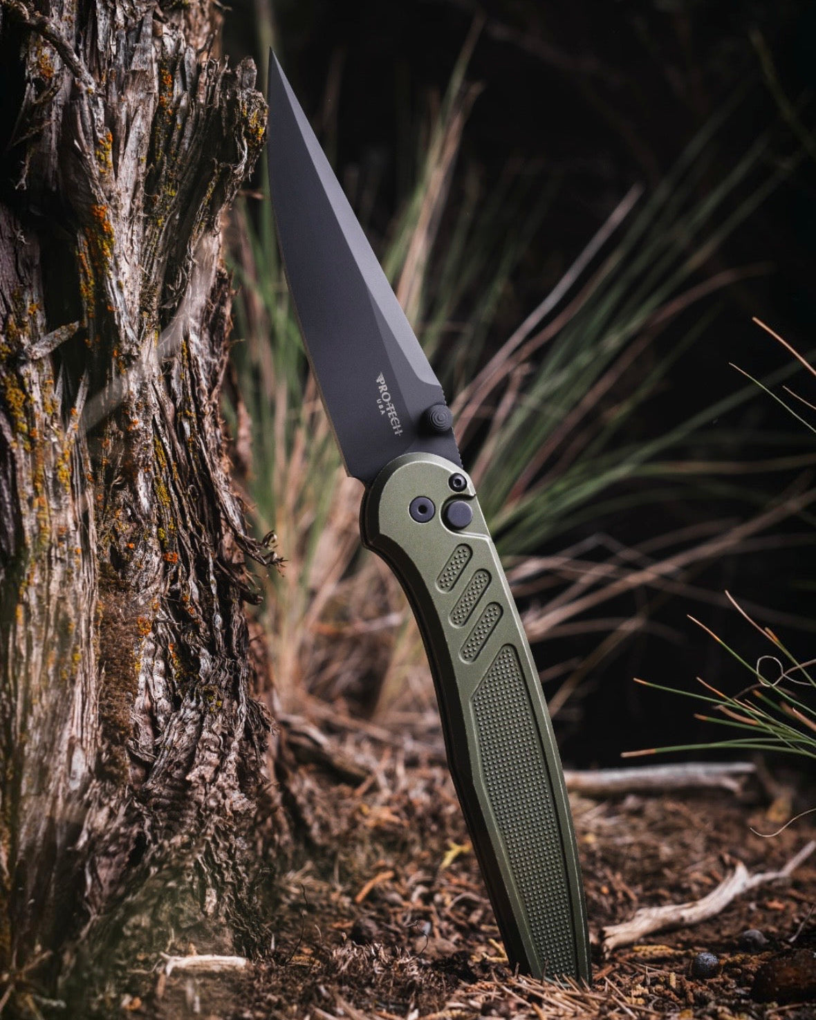 Pro-Tech x Peace Neighbor Avalon PN1103.BW.Green  - Battleworn Knurled Green Aluminum Handle - DLC Black Magnacut Blade - Black Thumb Studs and Hardware - Black Long Deep Carry Clip