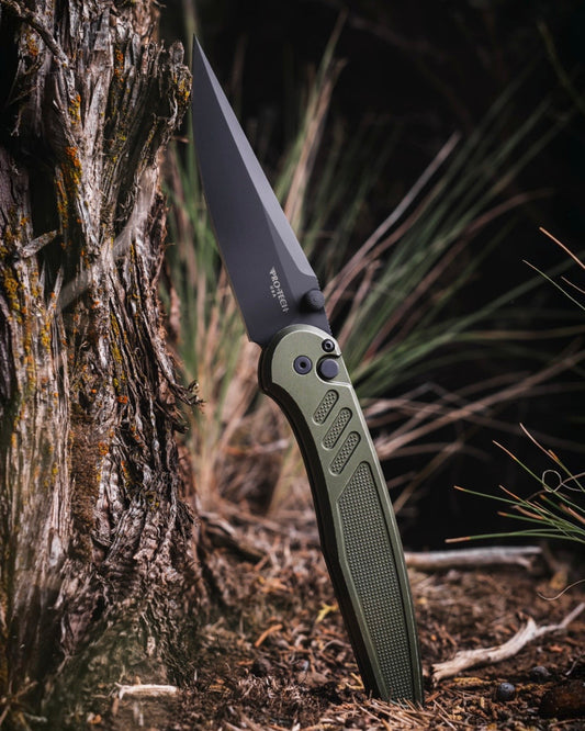 Pro-Tech x Peace Neighbor Avalon PN1103.BW.Green  - Battleworn Knurled Green Aluminum Handle - DLC Black Magnacut Blade - Black Thumb Studs and Hardware - Black Long Deep Carry Clip