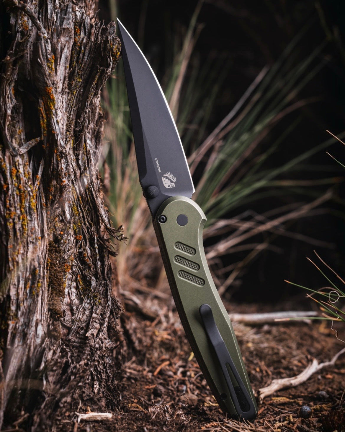 Pro-Tech x Peace Neighbor Avalon PN1103.BW.Green  - Battleworn Knurled Green Aluminum Handle - DLC Black Magnacut Blade - Black Thumb Studs and Hardware - Black Long Deep Carry Clip