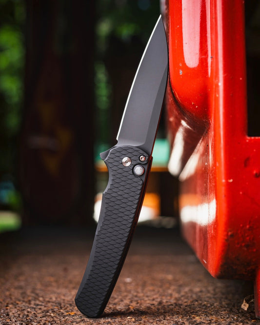 Pro-Tech 5336.LTD Malibu - Black 7075 "Dragon Scale" Handle - DLC Black Wharncliffe Magnacut Blade - Black Lip Pearl Button - Satin Hardware - Black Clip