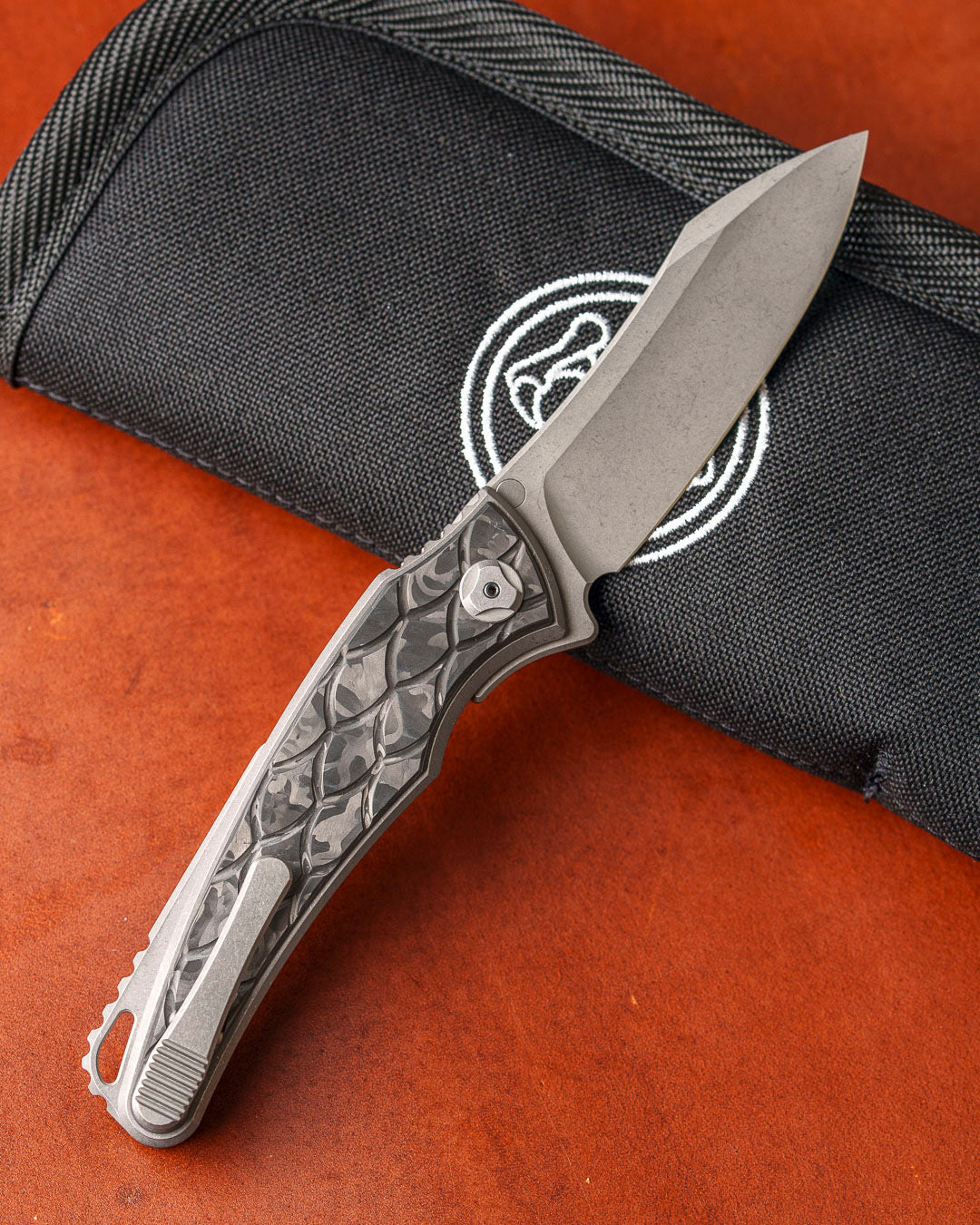 Hawk Knives Talon AUTO - Dragon Scale Textured Black Ops Marble Carbon Fiber Handle Inlay - Darkwashed M390 Blade