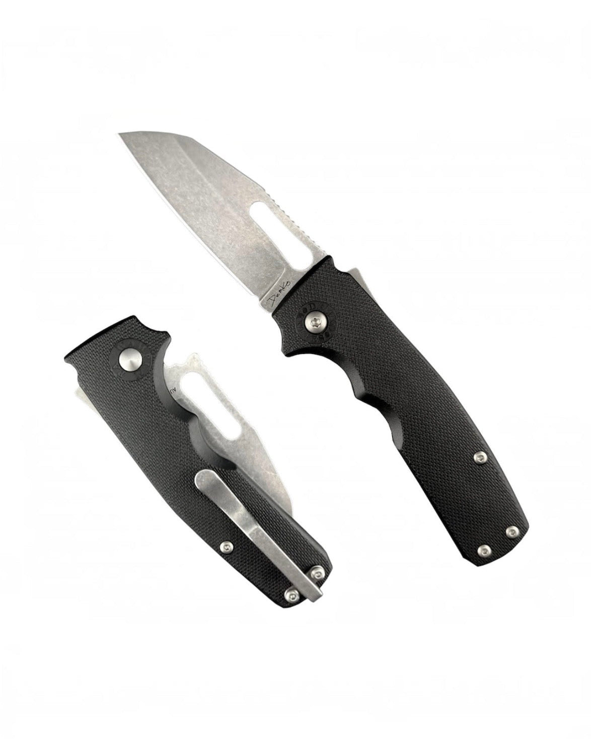 Demko Knives Shark-Cub - Contoured and Textured Black GRN Handles - Stonewashed AUS10A Shark Foot Blade