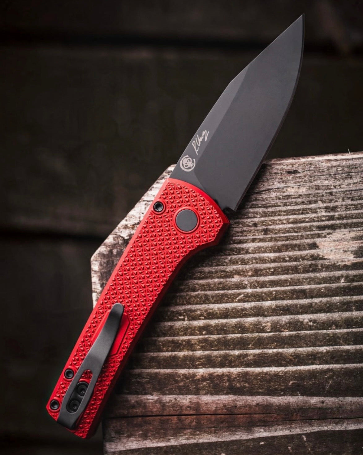 Pro-Tech x Chaves BSW26.Scapegoat.2 Blade Show West 2026 Exclusive Scapegoat Auto - Red Carbide Textured Handles - DLC Black MAGNAMAX Blade - Black Lip Pearl Button /150
