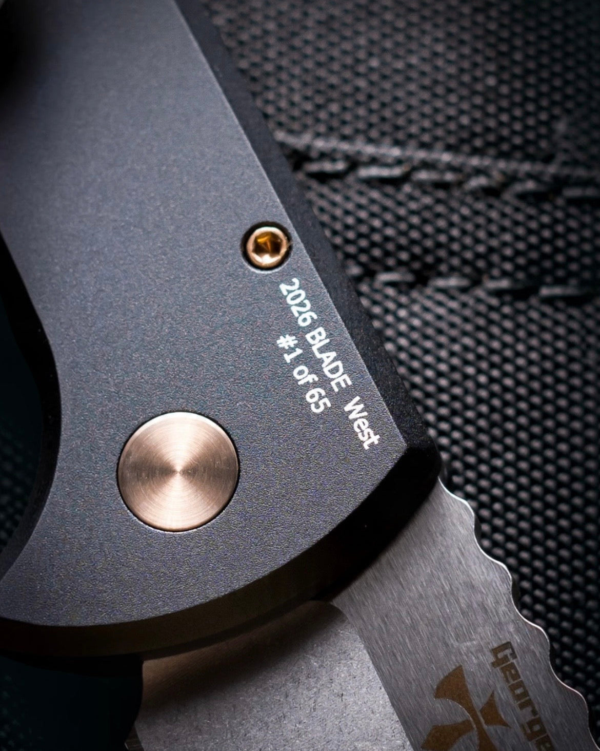 Pro-Tech x Les George BSW26.SBR.1 Blade Show West Exclusive SBR AUTO - Smooth Black Handle - Stonewash s35vn Blade - Mosaic Pin Button - Rose Gold Hardware /65
