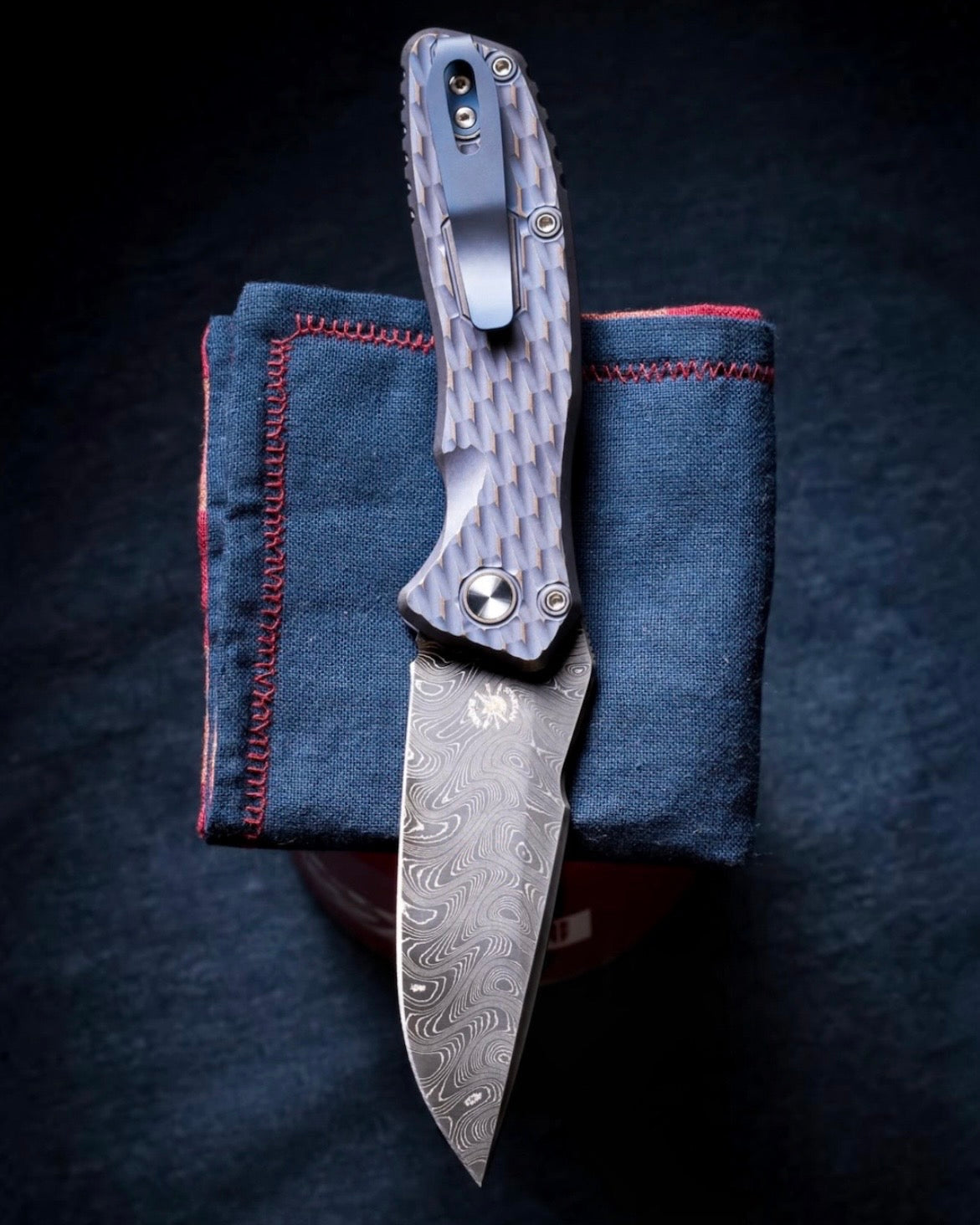 ProTech x Spartan Blades (2026 Pallas Custom 005) Blade Show West 2026 Exclusive Pallas Auto - Distress Blue/Bronze Lattice Textured 6A14V Ti Handles - Chad Nichols Boomerang Demascus Blade - Black Lip Pearl Button - Satin Hardware /45