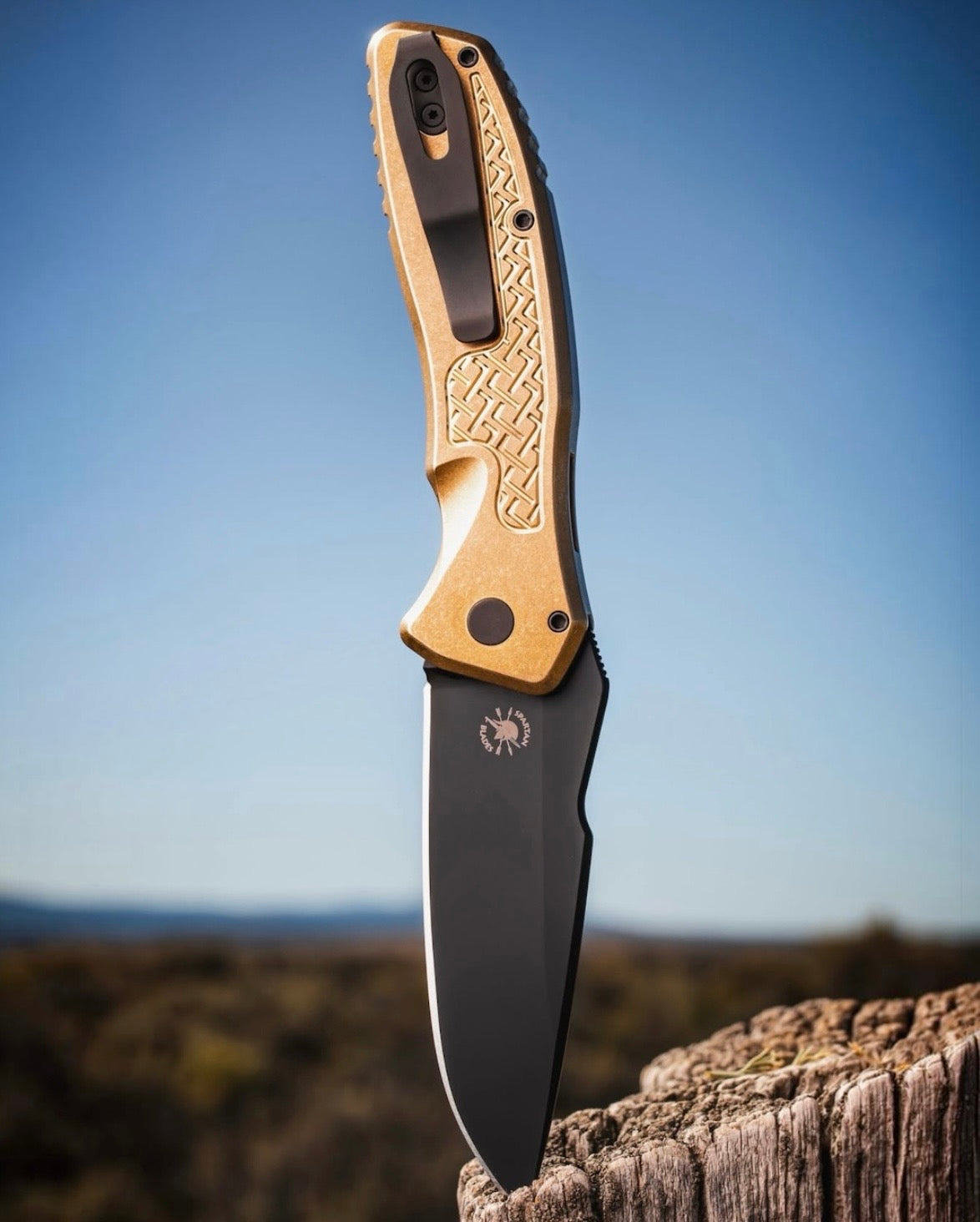 ProTech x Spartan Blades (2026 Pallas Custom 006) Blade Show West 2026 Exclusive Pallas Auto - Weave Textured AlBronze Handles - DLC Black Magnacut Blade - Mosaic Button - Black Hardware /50