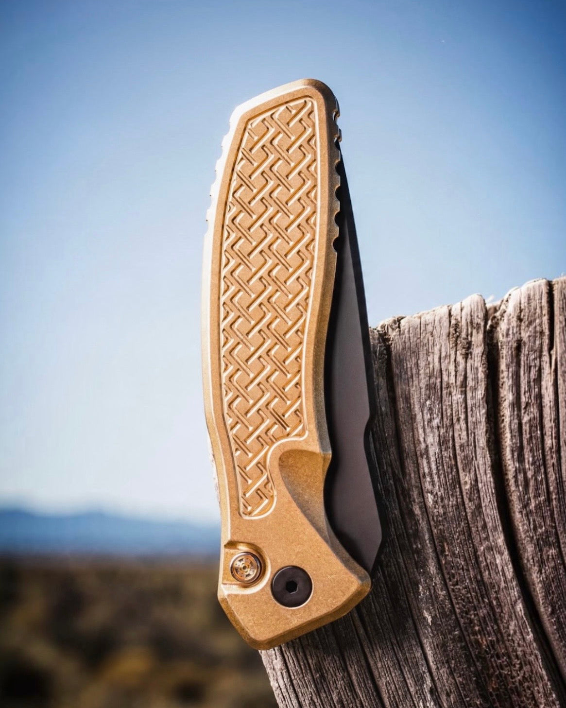 ProTech x Spartan Blades (2026 Pallas Custom 006) Blade Show West 2026 Exclusive Pallas Auto - Weave Textured AlBronze Handles - DLC Black Magnacut Blade - Mosaic Button - Black Hardware /50