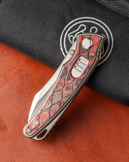 Hawk Knives Talon AUTO - Dragon Scale Textured Lava Flow Fat Carbon Handle Inlay - Brightwashed M390 Blade