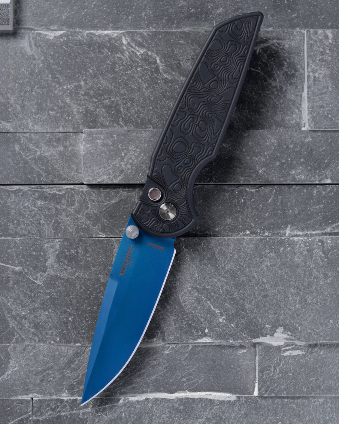 Pro-Tech CCKSF26.INT.1 CCKS Fall 2026 Exclusive TR-3 INTEGRITY Manual - Topographic Textured Black Handle - Denim PVD MAGNACUT Blade - Black Lip Pearl Button - Satin Hardware /80