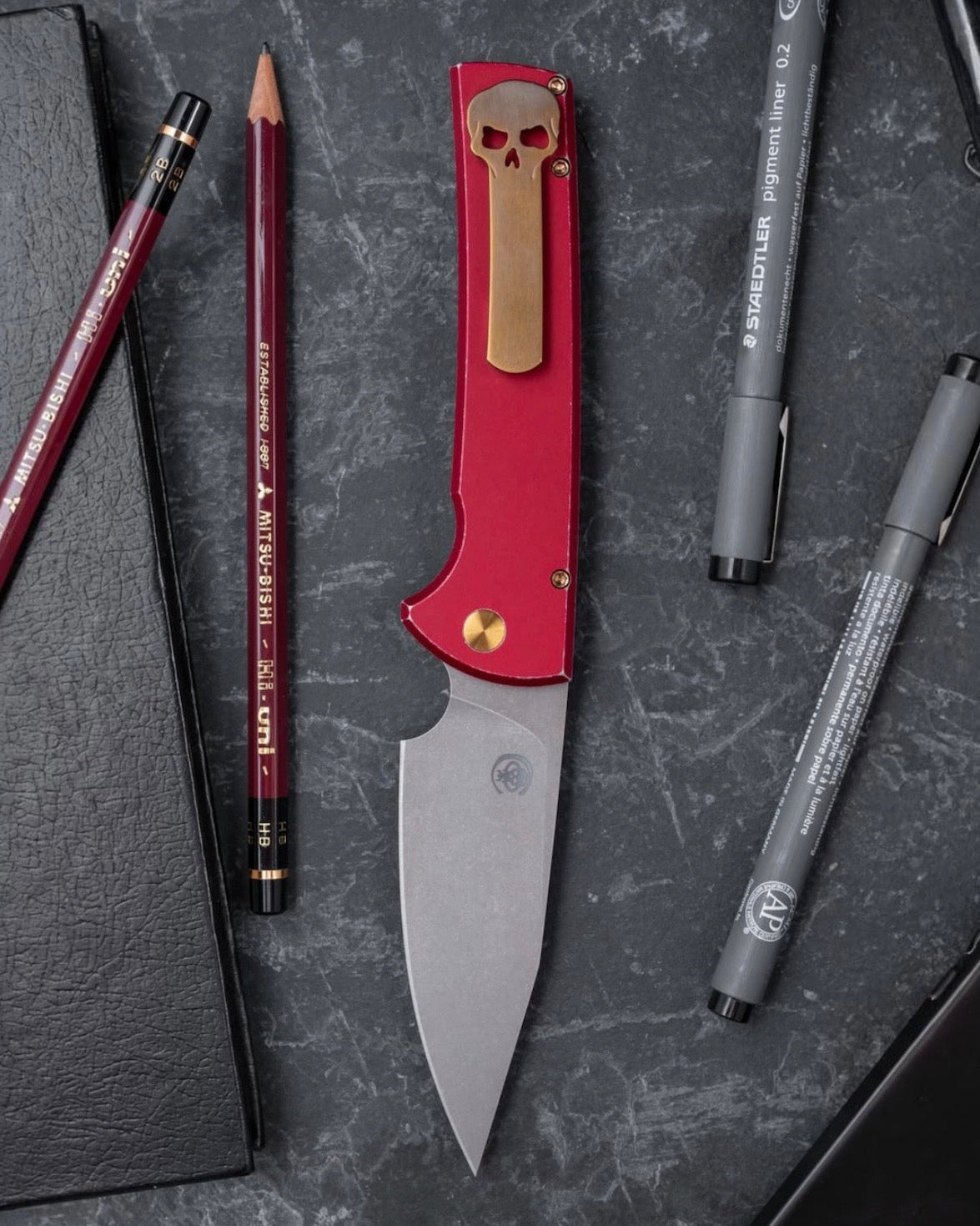 Pro-Tech x Chaves CCKSF26.ScapegoatF.1 CCKS Fall 2026 Exclusive Scapegoat Full-Size Auto - Battleworn Red Handles - Stonewash Magnacut Blade - Gold PVD Hardware - Gold Ano Titanium Milled Skull Clip /80