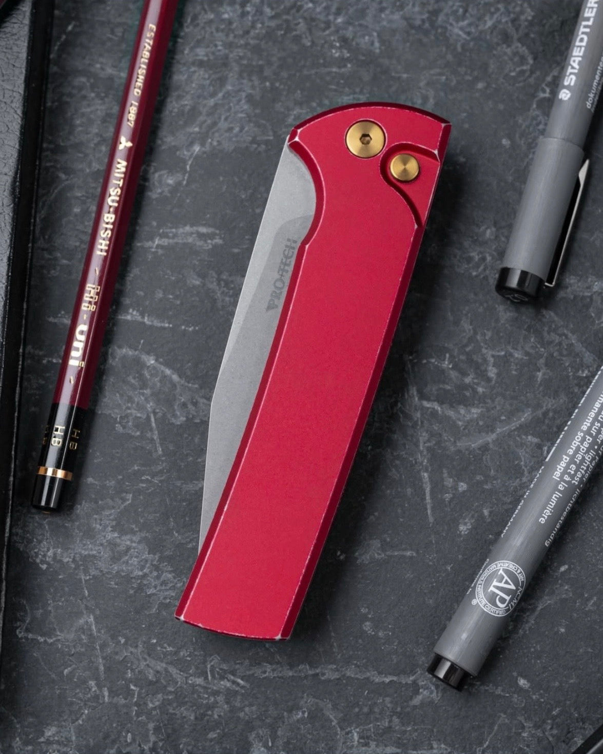 Pro-Tech x Chaves CCKSF26.ScapegoatF.1 CCKS Fall 2026 Exclusive Scapegoat Full-Size Auto - Battleworn Red Handles - Stonewash Magnacut Blade - Gold PVD Hardware - Gold Ano Titanium Milled Skull Clip /80