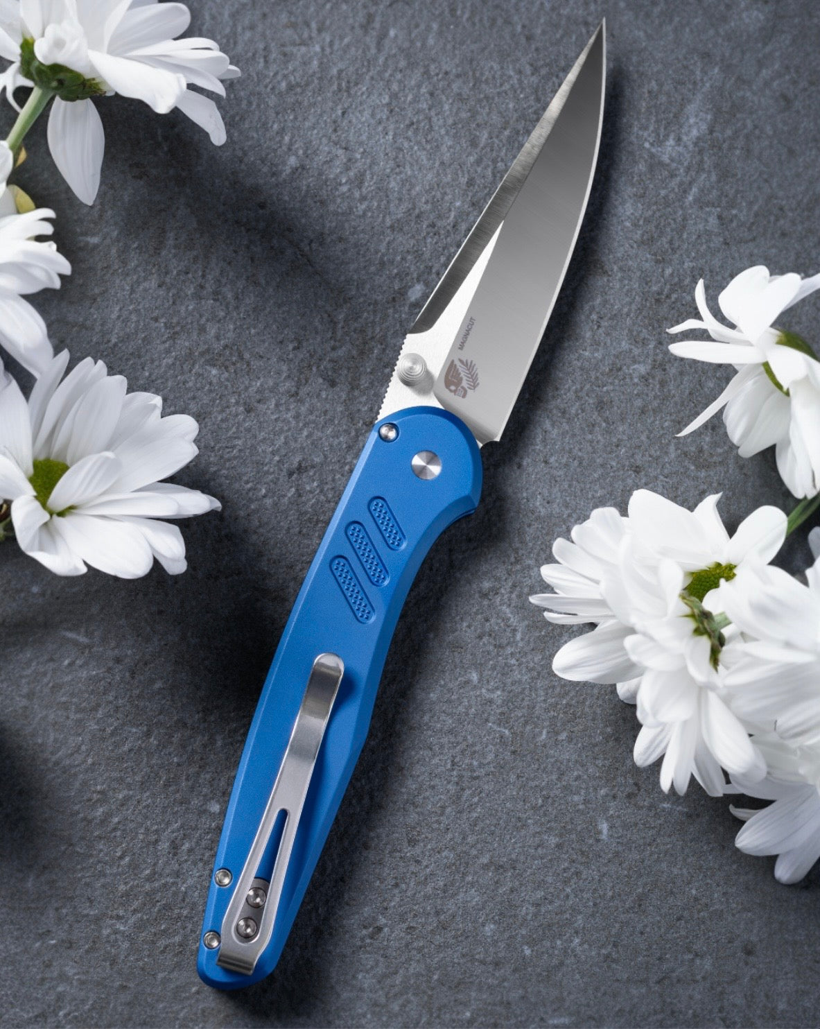 Pro-Tech x Peace Neighbor Avalon PN1100.LTD.Blue  - Knurled Blue Aluminum Handle - Machine Satin Magnacut Blade - White Pearl Button - Satin Thumb Studs and Hardware - Polished Long Deep Carry Clip