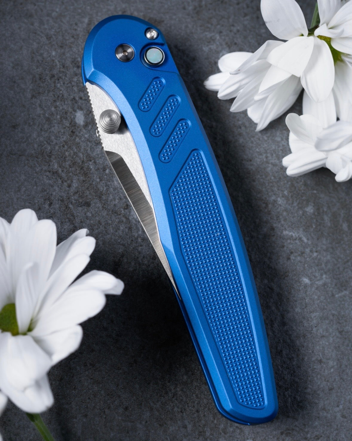 Pro-Tech x Peace Neighbor Avalon PN1100.LTD.Blue  - Knurled Blue Aluminum Handle - Machine Satin Magnacut Blade - White Pearl Button - Satin Thumb Studs and Hardware - Polished Long Deep Carry Clip
