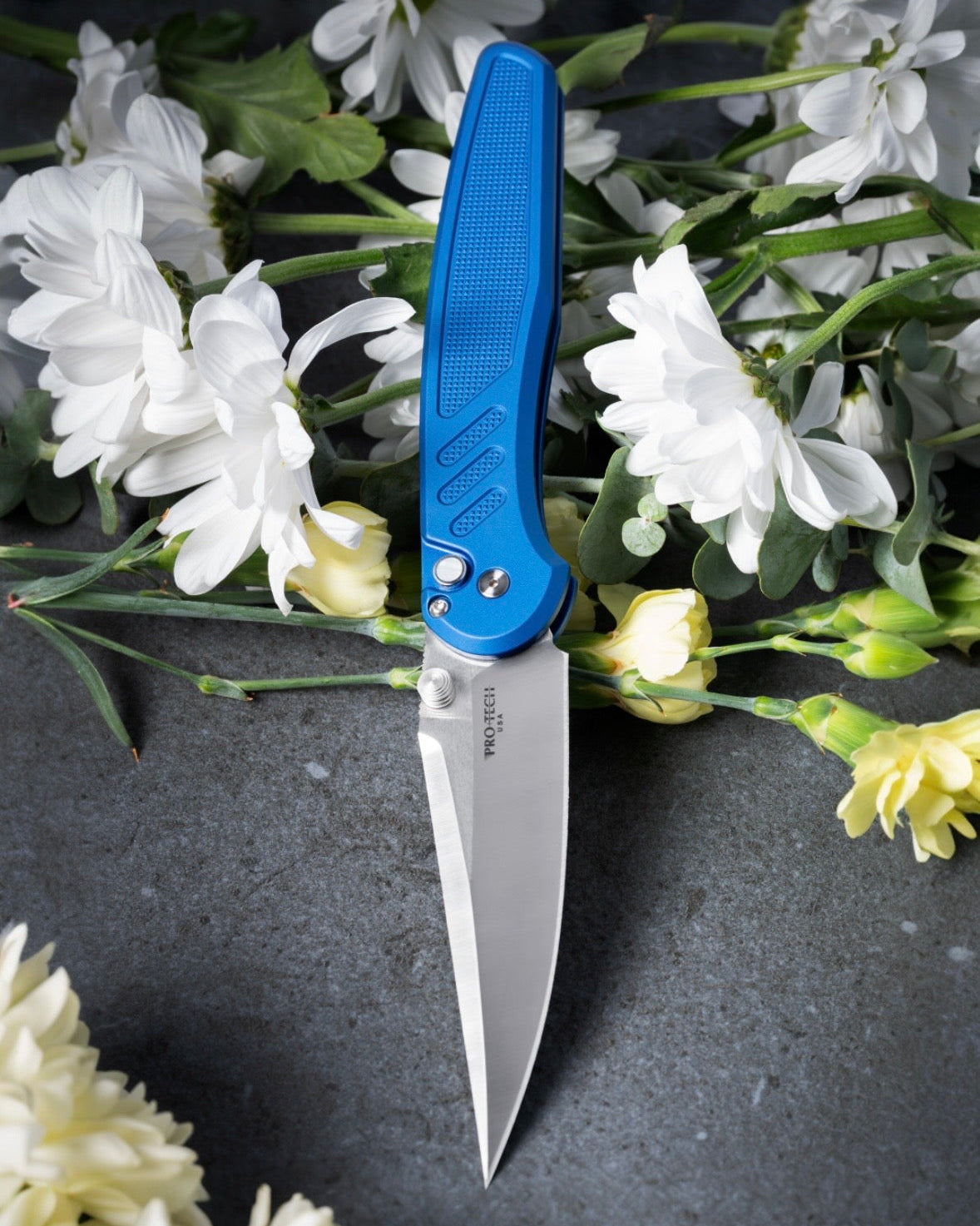 Pro-Tech x Peace Neighbor Avalon PN1100.LTD.Blue  - Knurled Blue Aluminum Handle - Machine Satin Magnacut Blade - White Pearl Button - Satin Thumb Studs and Hardware - Polished Long Deep Carry Clip