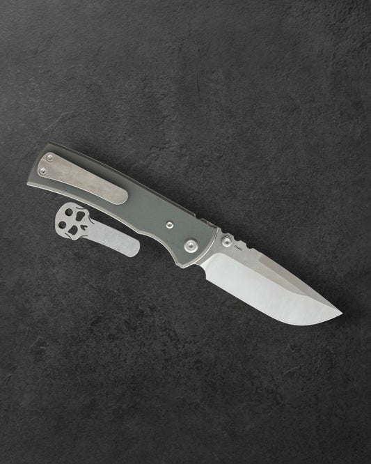 Chaves Knives Exclusive Blue Label Redencion 229 - Charcoal Grey Handles - Belt Satin Elmax Drop Point Blade