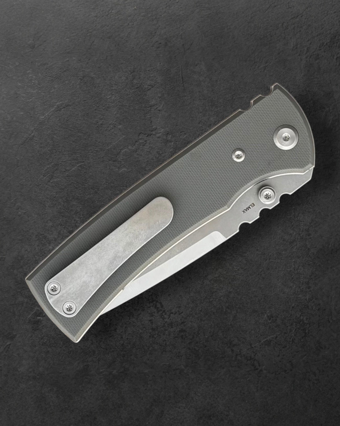 Chaves Knives Exclusive Blue Label Redencion 229 - Charcoal Grey Handles - Belt Satin Elmax Drop Point Blade