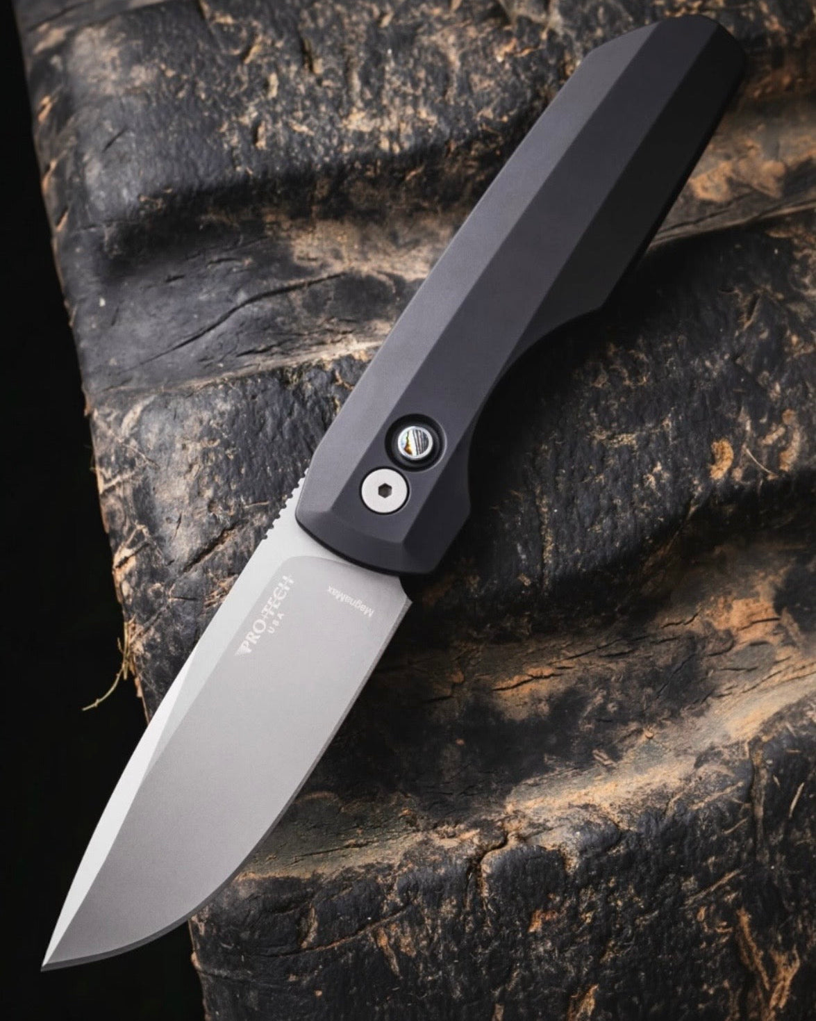 Pro-Tech BSA26.VERO.2 Vero Synapse 2 Auto - Black Solid Aluminum Handle - Blasted MAGNAMAX Blade - Abalone Button - Blasted Hardware - DLC Black Clip /200