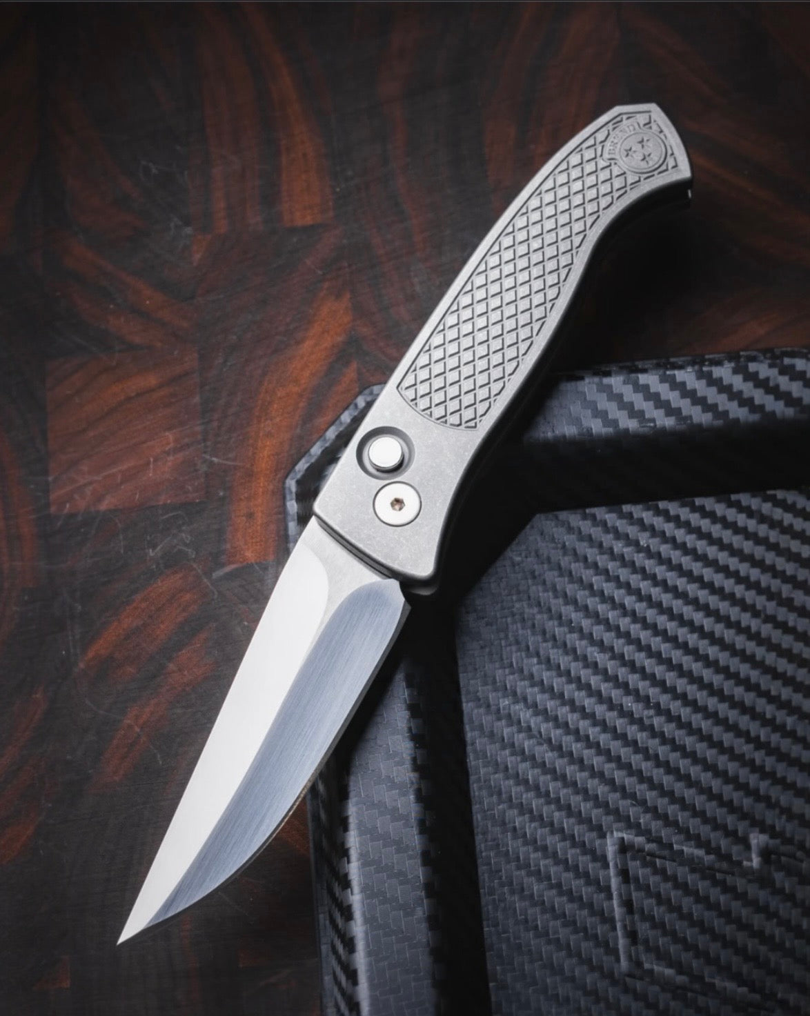 Pro-Tech Custom Brend Classic (2026 Brend Classic Custom 001) Blade Show Atlanta 2026 Exclusive Auto - Blasted & Tumbled 17-4 Steel Textured Handles - Mike Irie Hand Ground 154cm Blade - Black Lip Pearl Button - Blue Ano Ti Clip
