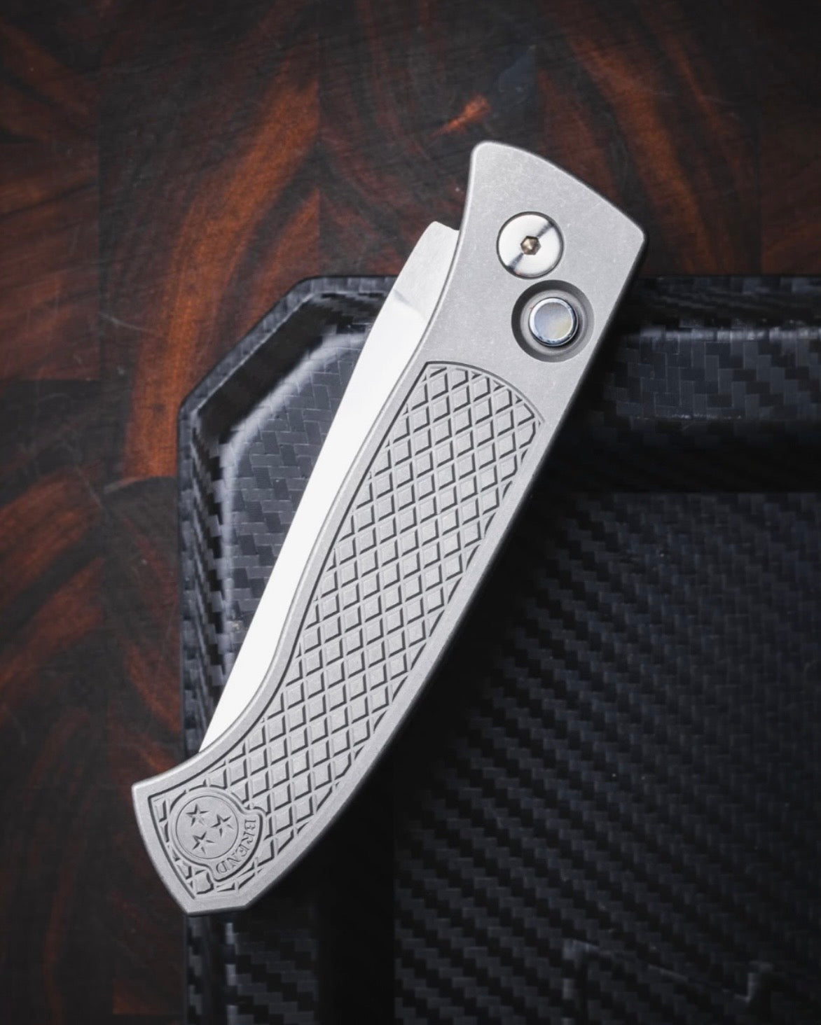 Pro-Tech Custom Brend Classic (2026 Brend Classic Custom 001) Blade Show Atlanta 2026 Exclusive Auto - Blasted & Tumbled 17-4 Steel Textured Handles - Mike Irie Hand Ground 154cm Blade - Black Lip Pearl Button - Blue Ano Ti Clip