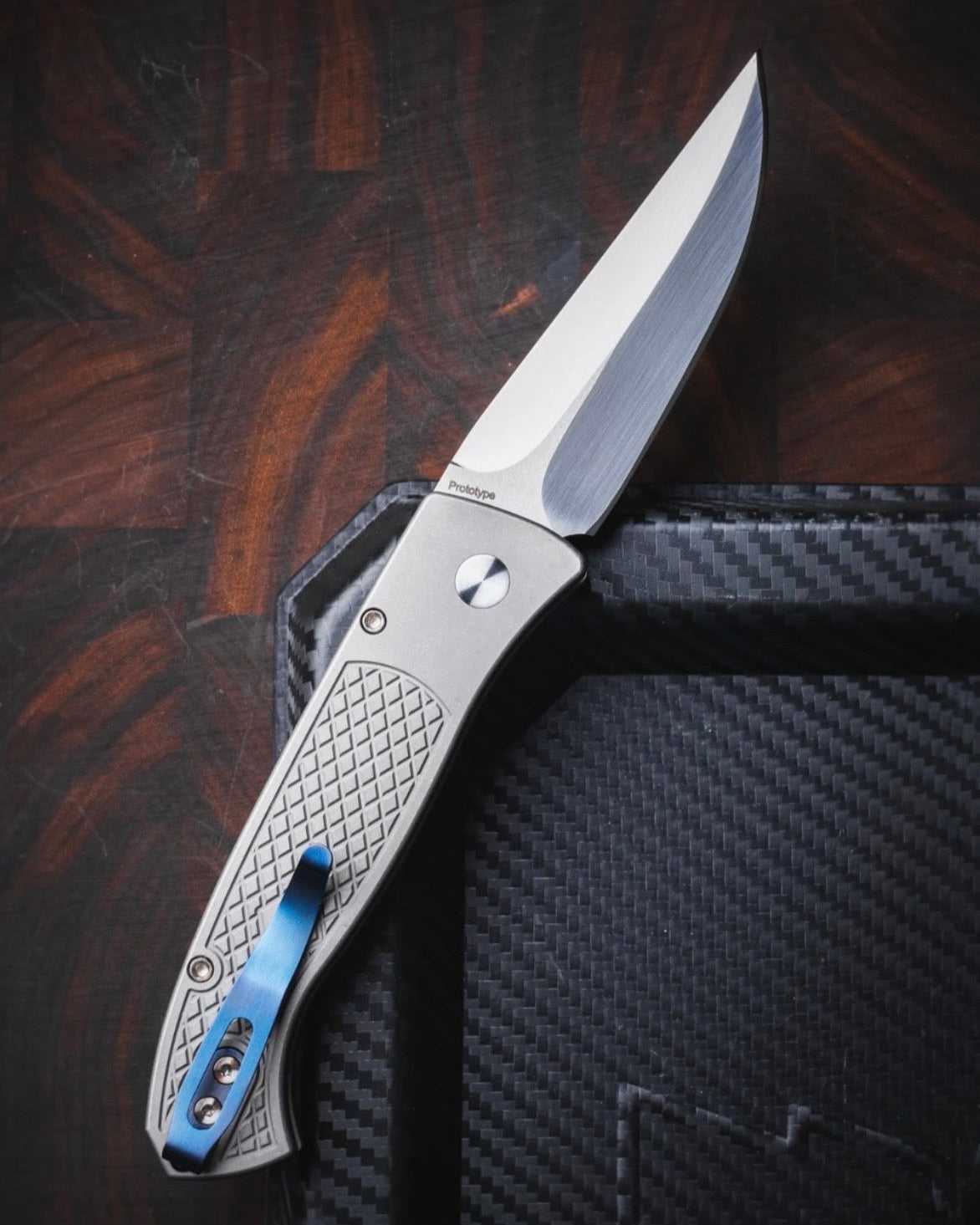 Pro-Tech Custom Brend Classic (2026 Brend Classic Custom 001) Blade Show Atlanta 2026 Exclusive Auto - Blasted & Tumbled 17-4 Steel Textured Handles - Mike Irie Hand Ground 154cm Blade - Black Lip Pearl Button - Blue Ano Ti Clip