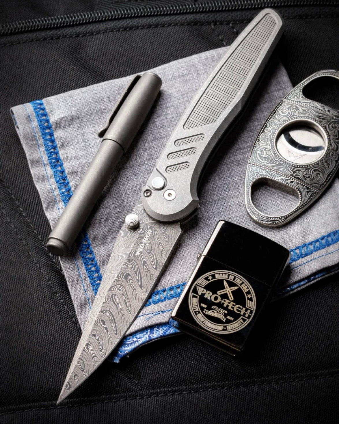 Pro-Tech x Peace Neighbor Custom Avalon (2026 Avalon Custom 005)  - Knurled 17-4 Heat Treated Steel Handle - Chad Nichols "Boomerang" Stainless Damascus Blade - Black Lip Pearl Button - Satin Thumb Studs and Hardware - Polished Long Deep Carry Clip