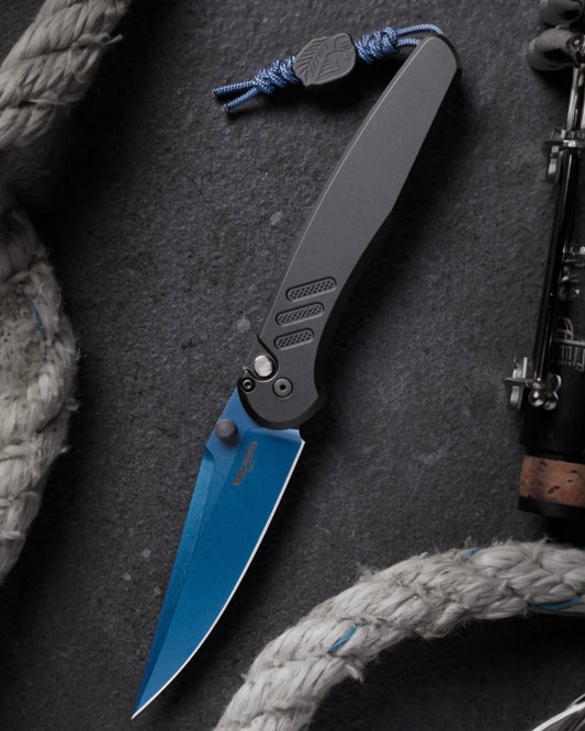 Pro-Tech x Peace Neighbor Avalon BSA26.Avalon.1  - Knurled Black Black Aluminum Handle - Sapphire Blue PVD Magnacut Blade - Black Lip Pearl Button - Blasted Thumb Studs and Hardware - Black Long Deep Carry Clip /200