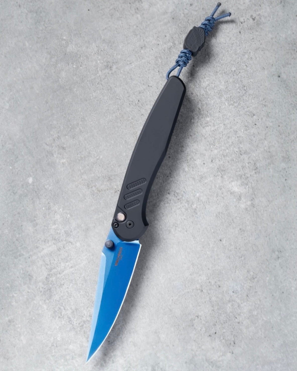 Pro-Tech x Peace Neighbor Avalon BSA26.Avalon.1  - Knurled Black Black Aluminum Handle - Sapphire Blue PVD Magnacut Blade - Black Lip Pearl Button - Blasted Thumb Studs and Hardware - Black Long Deep Carry Clip /200