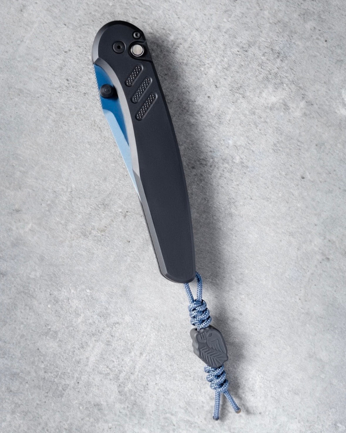 Pro-Tech x Peace Neighbor Avalon BSA26.Avalon.1  - Knurled Black Black Aluminum Handle - Sapphire Blue PVD Magnacut Blade - Black Lip Pearl Button - Blasted Thumb Studs and Hardware - Black Long Deep Carry Clip /200