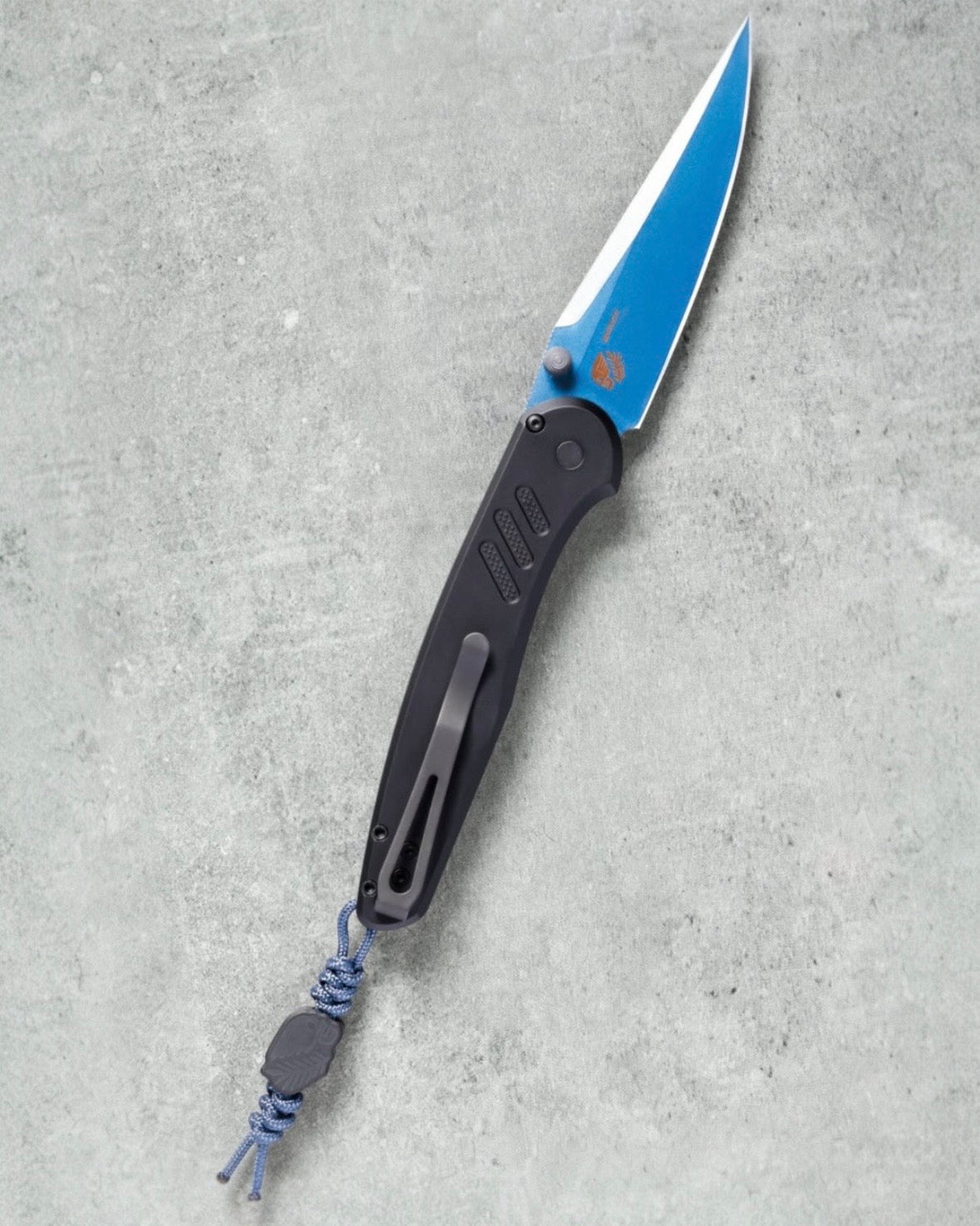 Pro-Tech x Peace Neighbor Avalon BSA26.Avalon.1  - Knurled Black Black Aluminum Handle - Sapphire Blue PVD Magnacut Blade - Black Lip Pearl Button - Blasted Thumb Studs and Hardware - Black Long Deep Carry Clip /200