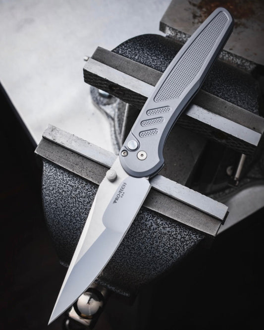 Pro-Tech Duke x Peace Neighbor Custom Avalon (2026 Avalon Custom 004) - Textured Grey 6061 Aluminum Handle - Polished Mike Irie Compound Ground 154CM Blade - White Pearl Button - Satin Thumb Studs /100