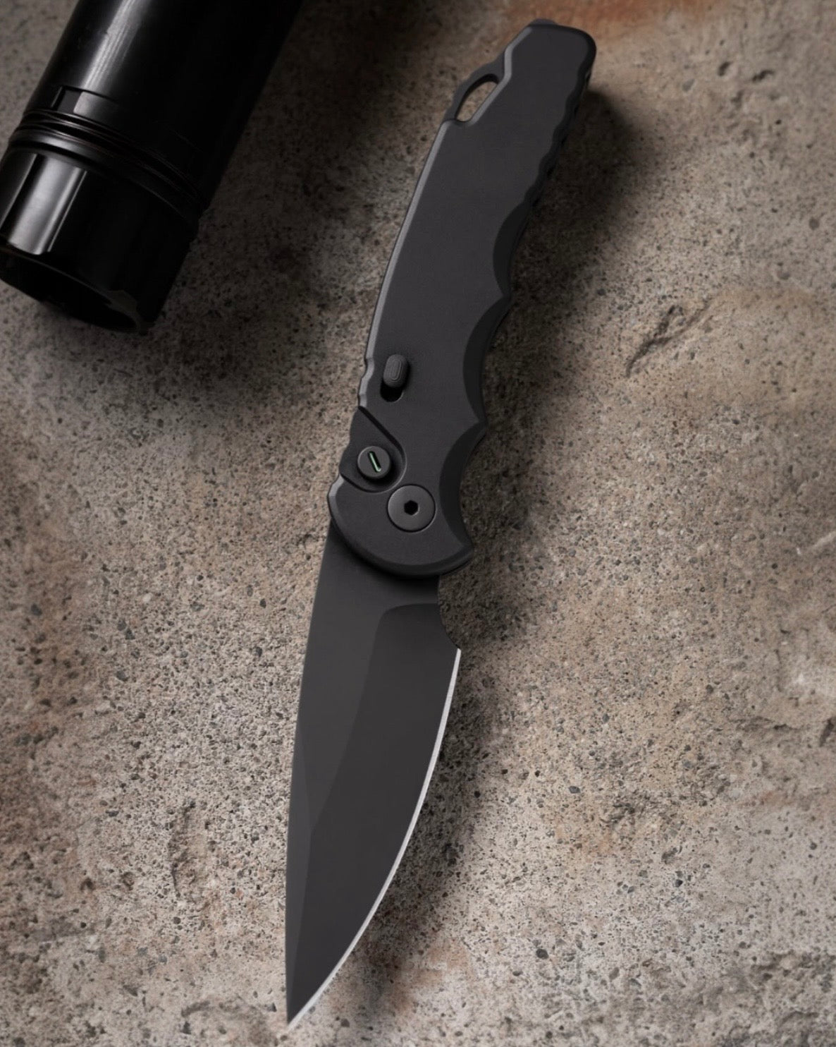 Pro-Tech T503.Operator TR-5 OPERATOR EDITION AUTO  - Black Handle - Sterile Black DLC S35VN Blade - Secondary Slide Safety - Tritium Push Button