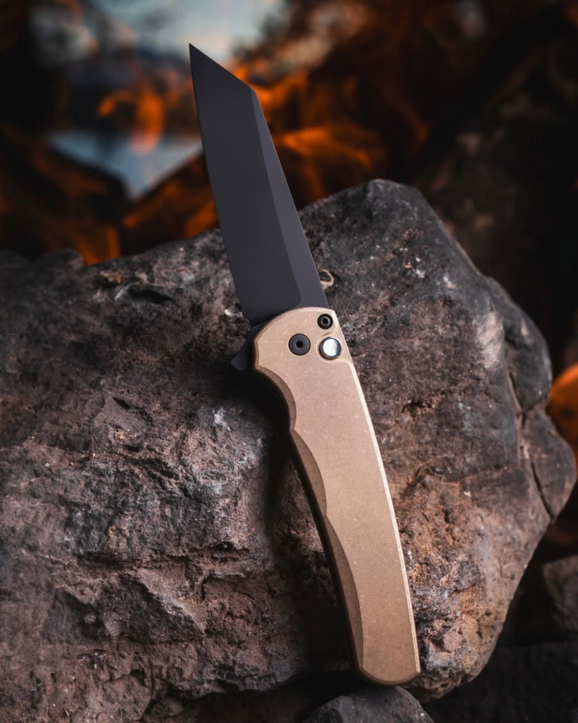 Pro-Tech 5413 Malibu - Solid AlBronze Handle - DLC Black Reverse Tanto Blade - Black Lip Button